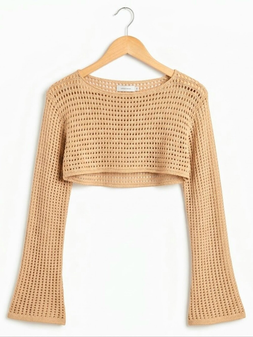 270 | Open Knit Long Sleeve Crop Sweater Top - Beige